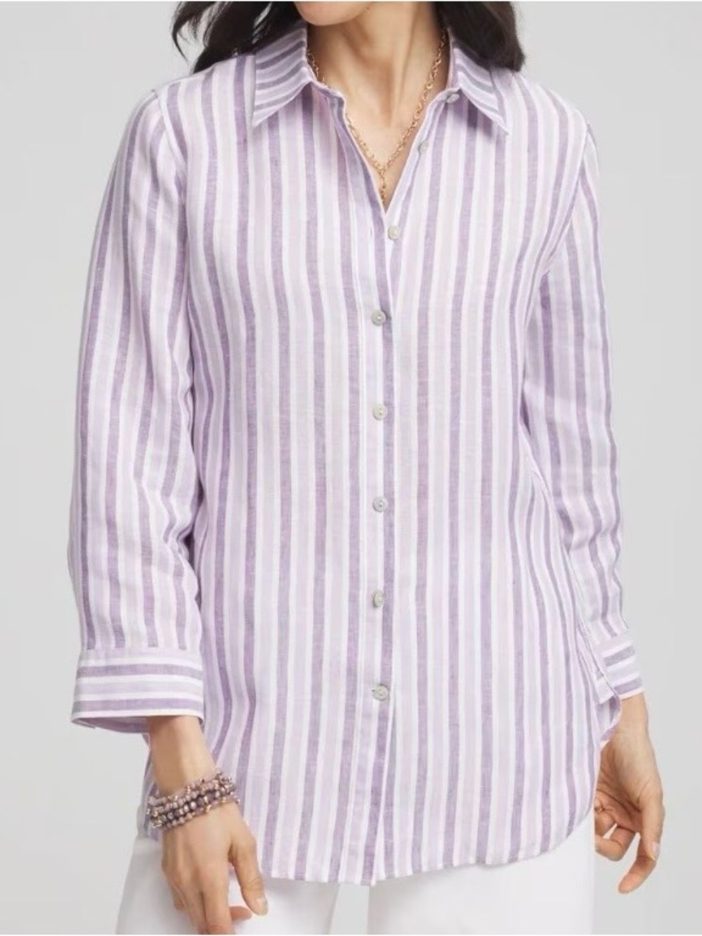 Chico's Women’s Lavender and White Stripe Button-Down Shirt